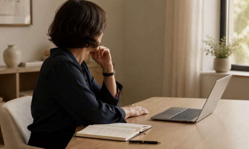 Professional person shown in profile at a minimal desk with an open laptop, handwritten notebook and pen, pausing in thought before signing off on work.