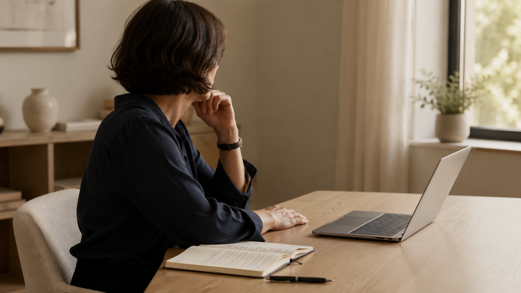 Professional person shown in profile at a minimal desk with an open laptop, handwritten notebook and pen, pausing in thought before signing off on work.