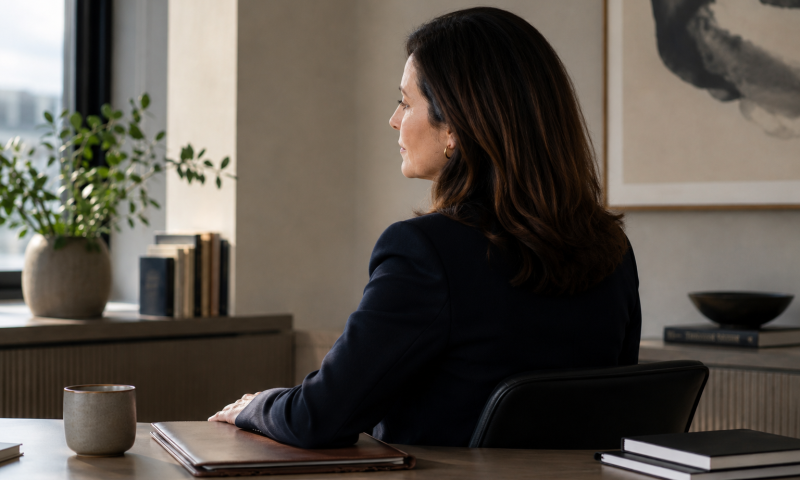Professional woman shown from the side and back at a minimal desk, resting her hand on a closed portfolio while pausing in thought.