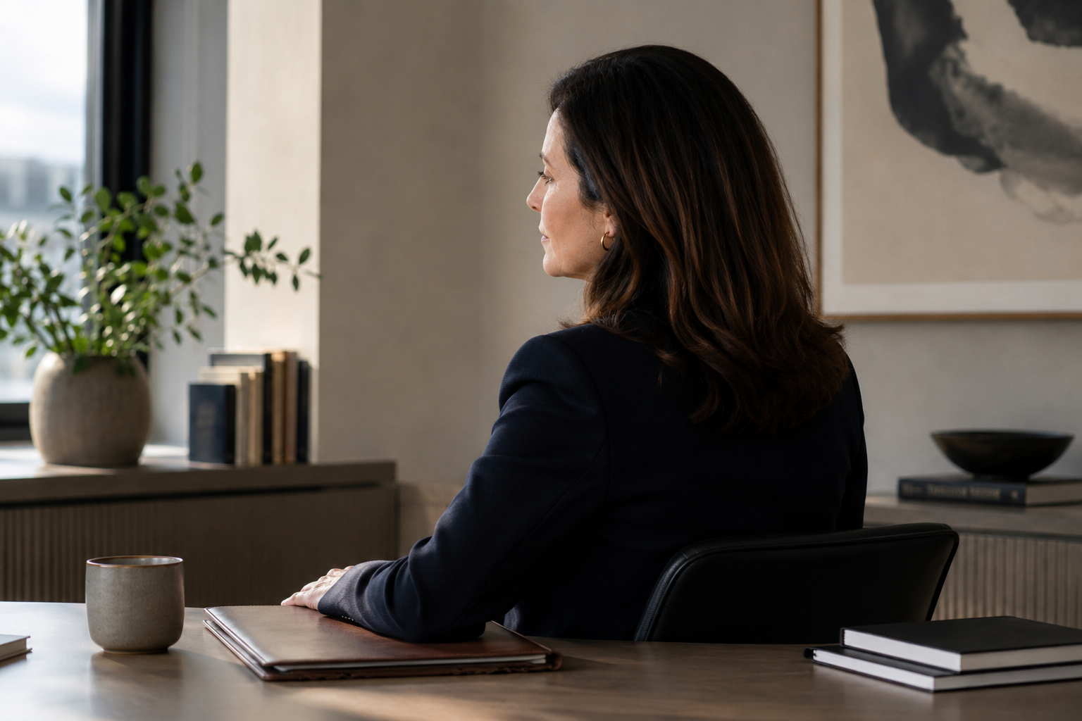 Professional woman shown from the side and back at a minimal desk, resting her hand on a closed portfolio while pausing in thought.
