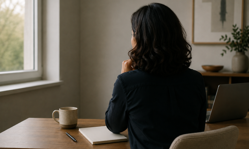 Person seen from behind at a wooden desk, pausing beside a blank notepad, pen and laptop in soft natural window light.