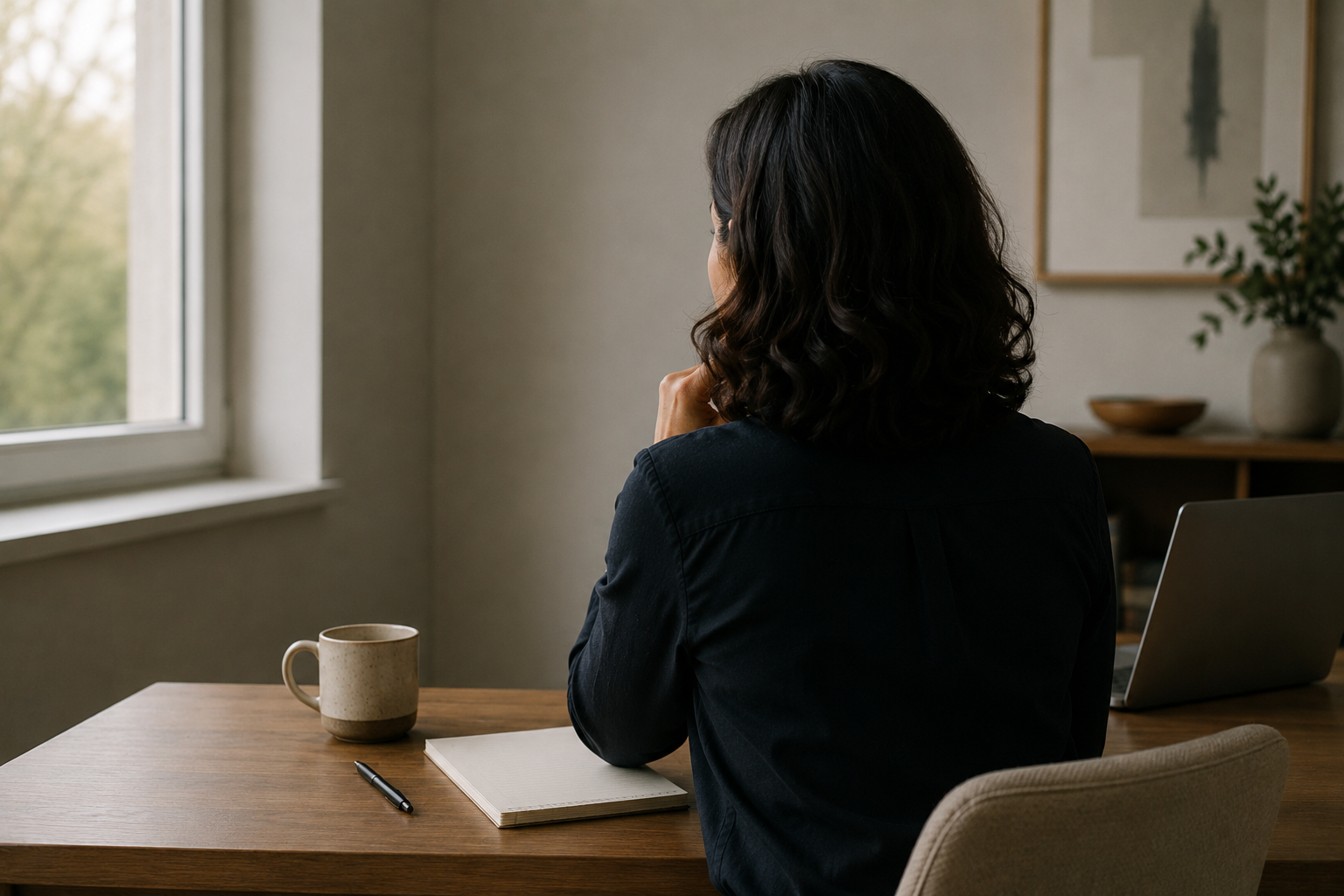 Person seen from behind at a wooden desk, pausing beside a blank notepad, pen and laptop in soft natural window light.