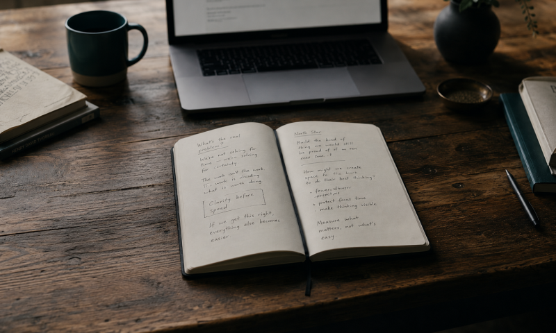 Overhead view of a warm professional workspace with an open notebook, handwritten reflective notes, a muted laptop in the background, books, pen and deep teal mug.