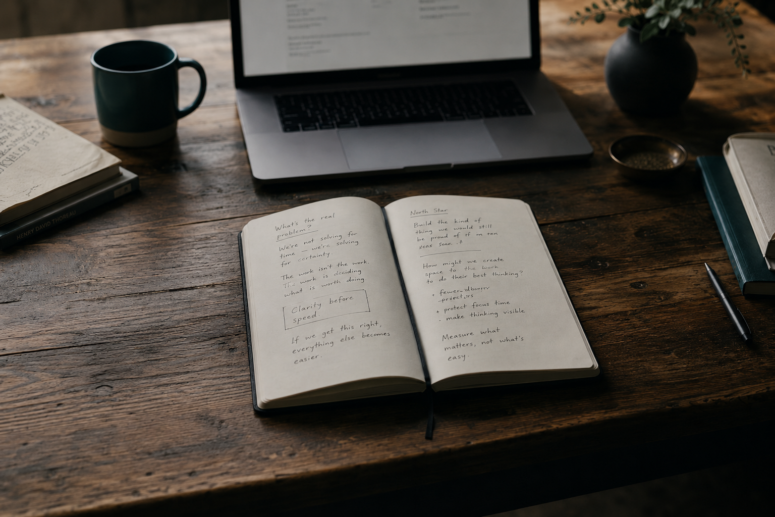Overhead view of a warm professional workspace with an open notebook, handwritten reflective notes, a muted laptop in the background, books, pen and deep teal mug.