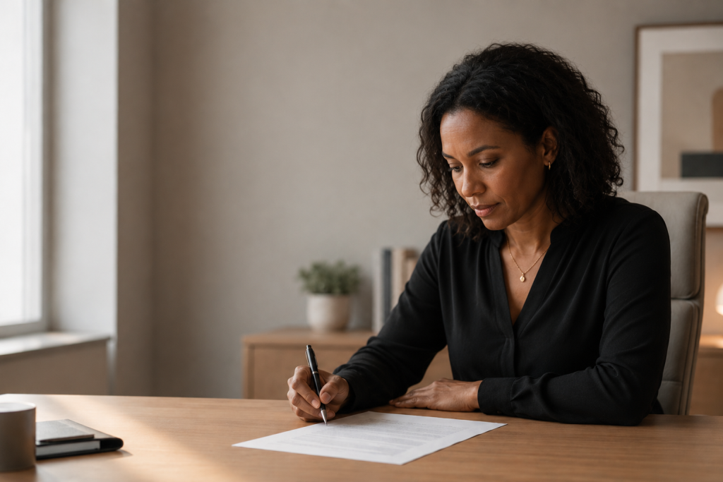 A person pausing to read a printed document carefully in soft natural light before signing it.