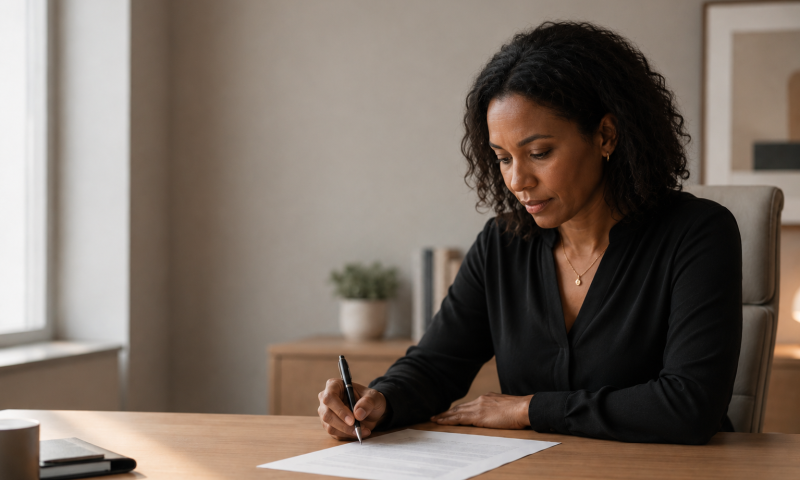 A person pausing to read a printed document carefully in soft natural light before signing it.