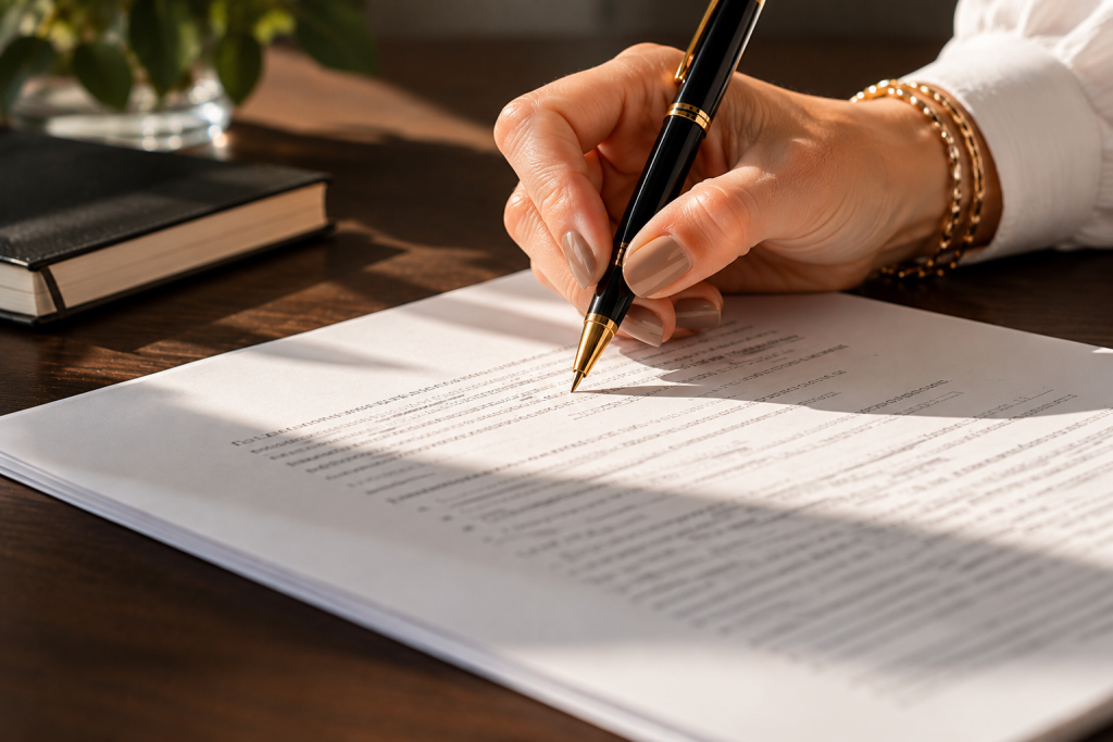 A hand with a pen poised over a printed document, photographed in natural side-light against a dark desk — the moment of deliberate human judgment before signing off.