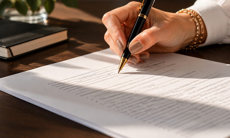 A hand with a pen poised over a printed document, photographed in natural side-light against a dark desk — the moment of deliberate human judgment before signing off.