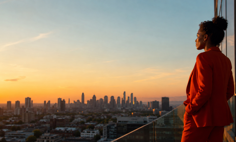 Chief of Staff standing in golden-hour light overlooking a city skyline, symbolising human judgement, timing and leadership in the age of AI.