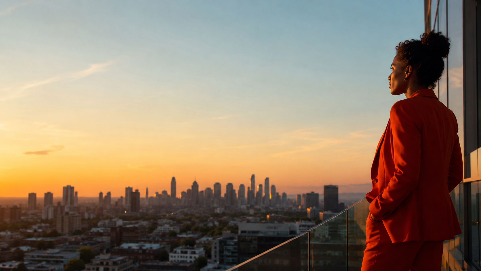 Chief of Staff standing in golden-hour light overlooking a city skyline, symbolising human judgement, timing and leadership in the age of AI.
