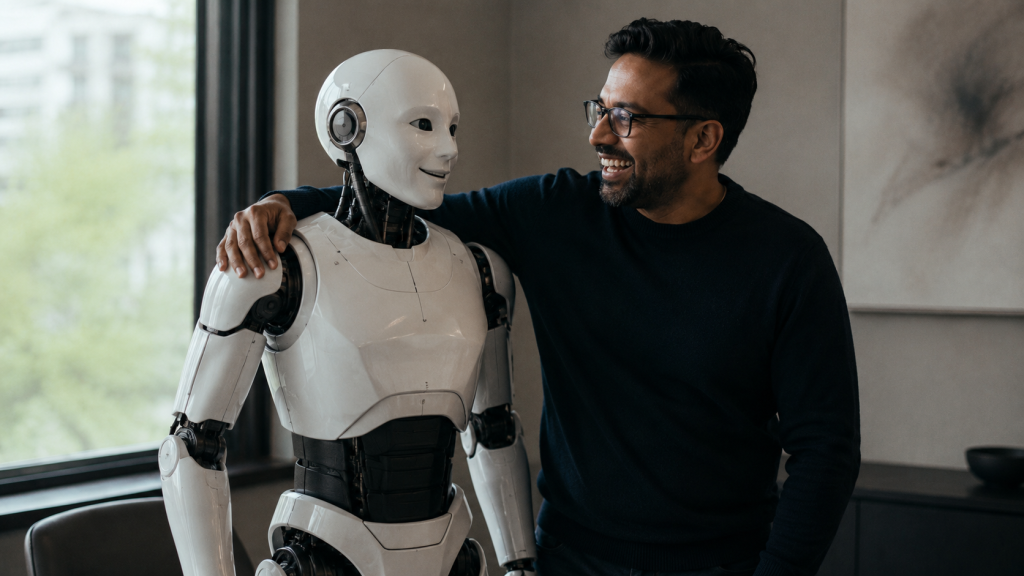A professional man and a white futuristic robot stand side by side in an office, laughing with their arms around each other’s shoulders.