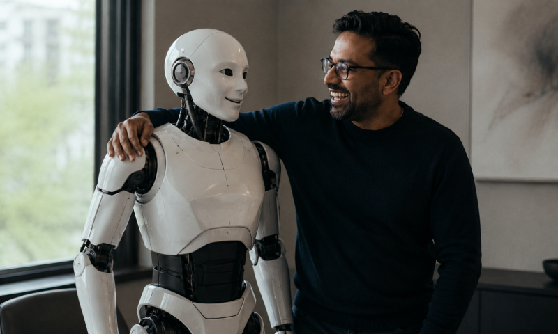 A professional man and a white futuristic robot stand side by side in an office, laughing with their arms around each other’s shoulders.
