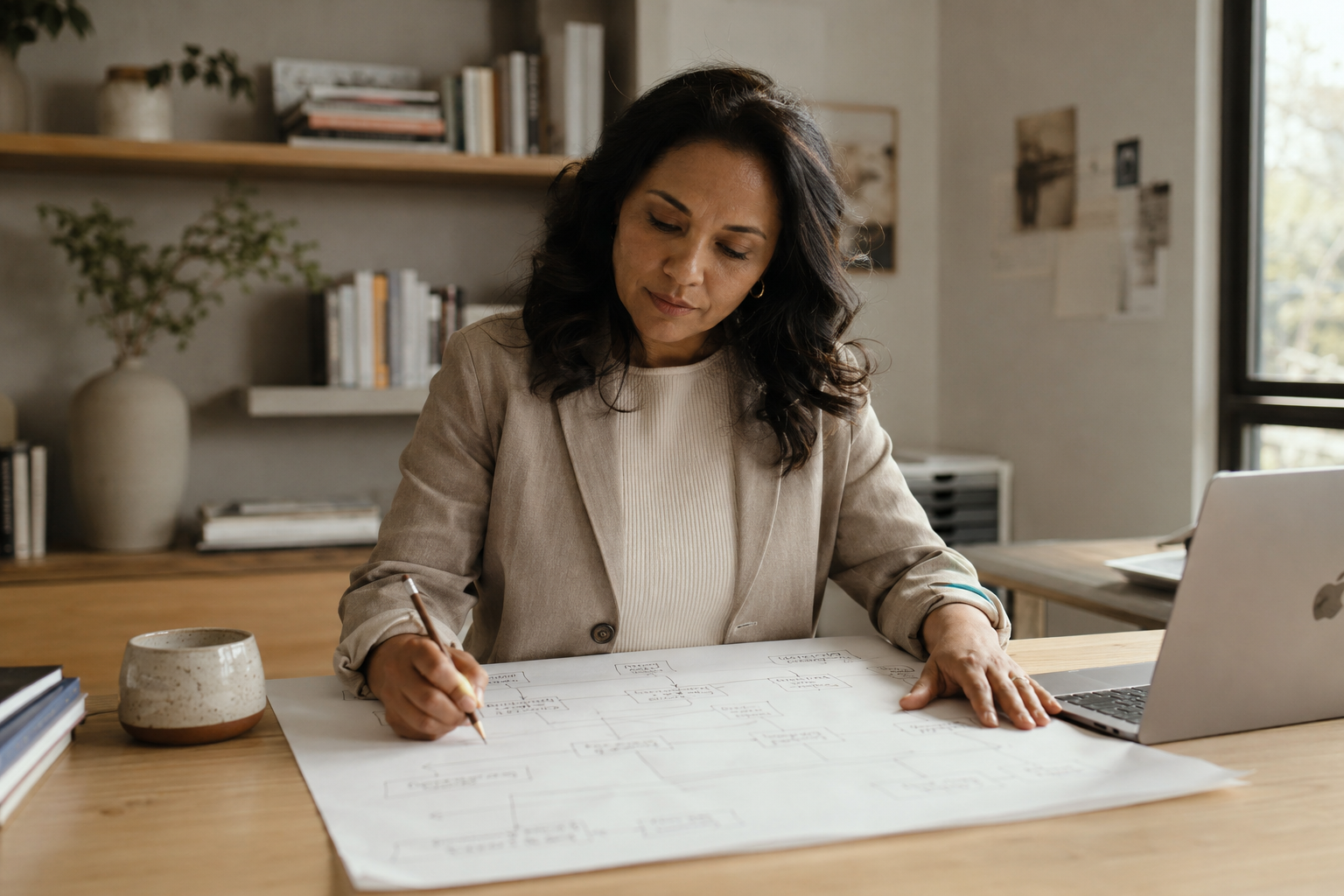 Woman studying a hand-drawn flowchart at a light wood desk in a warm modern office, with a pencil, coffee cup and MacBook nearby.