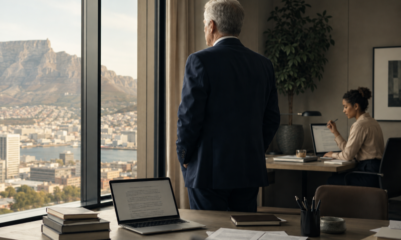 A senior professional stands at an office window overlooking Cape Town and Table Mountain, while a young Coloured woman works at a desk in the background.