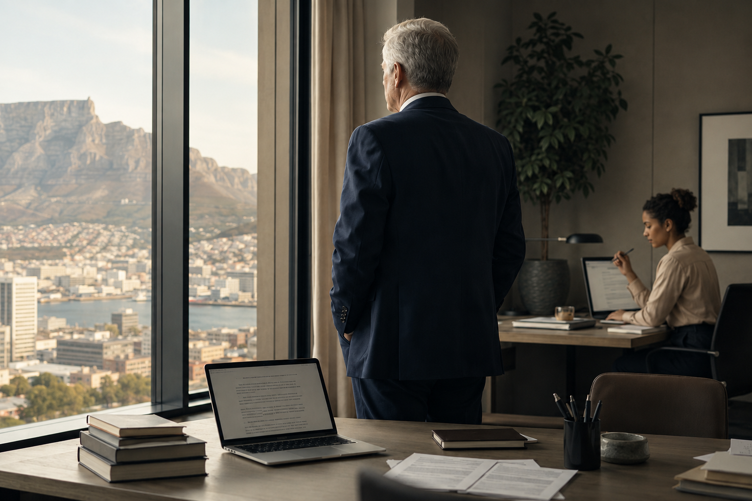A senior professional stands at an office window overlooking Cape Town and Table Mountain, while a young Coloured woman works at a desk in the background.