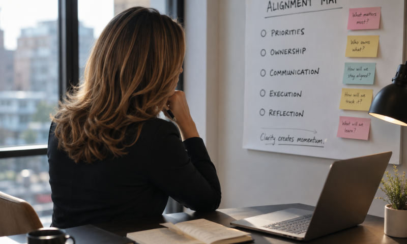 Chief of Staff reflecting on AI strategy and human decision-making while reviewing priorities in a modern office
