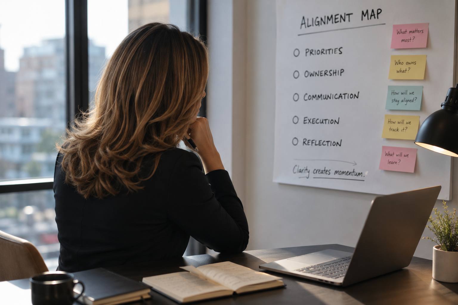 Chief of Staff reflecting on AI strategy and human decision-making while reviewing priorities in a modern office