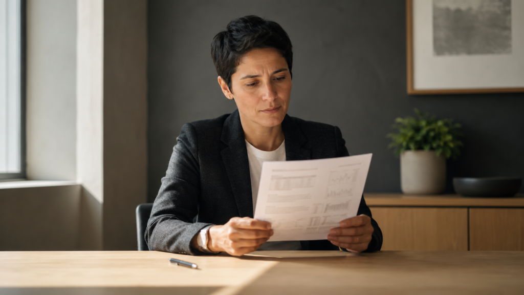 Professional person seated at a clean desk in a calm office, holding a printed document and pausing in thought before making a decision.