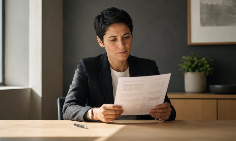 Professional person seated at a clean desk in a calm office, holding a printed document and pausing in thought before making a decision.