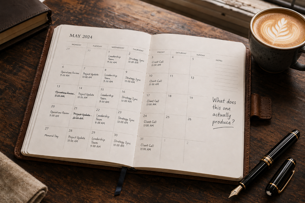 Open leadership planner on a worn wooden desk with recurring meetings, crossed-out entries, a handwritten productivity question and a half-finished coffee nearby.