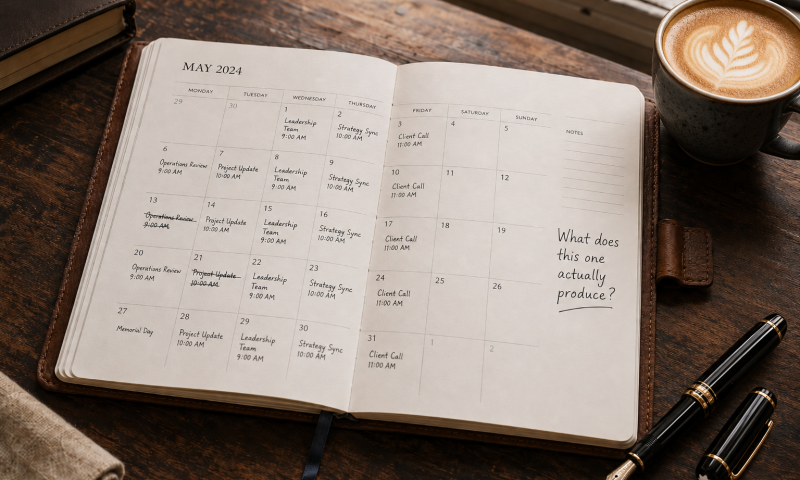 Open leadership planner on a worn wooden desk with recurring meetings, crossed-out entries, a handwritten productivity question and a half-finished coffee nearby.