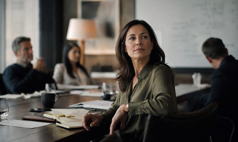 Professional woman seated at the head of a meeting table after a discussion, looking away thoughtfully while colleagues and notebooks remain in the background.