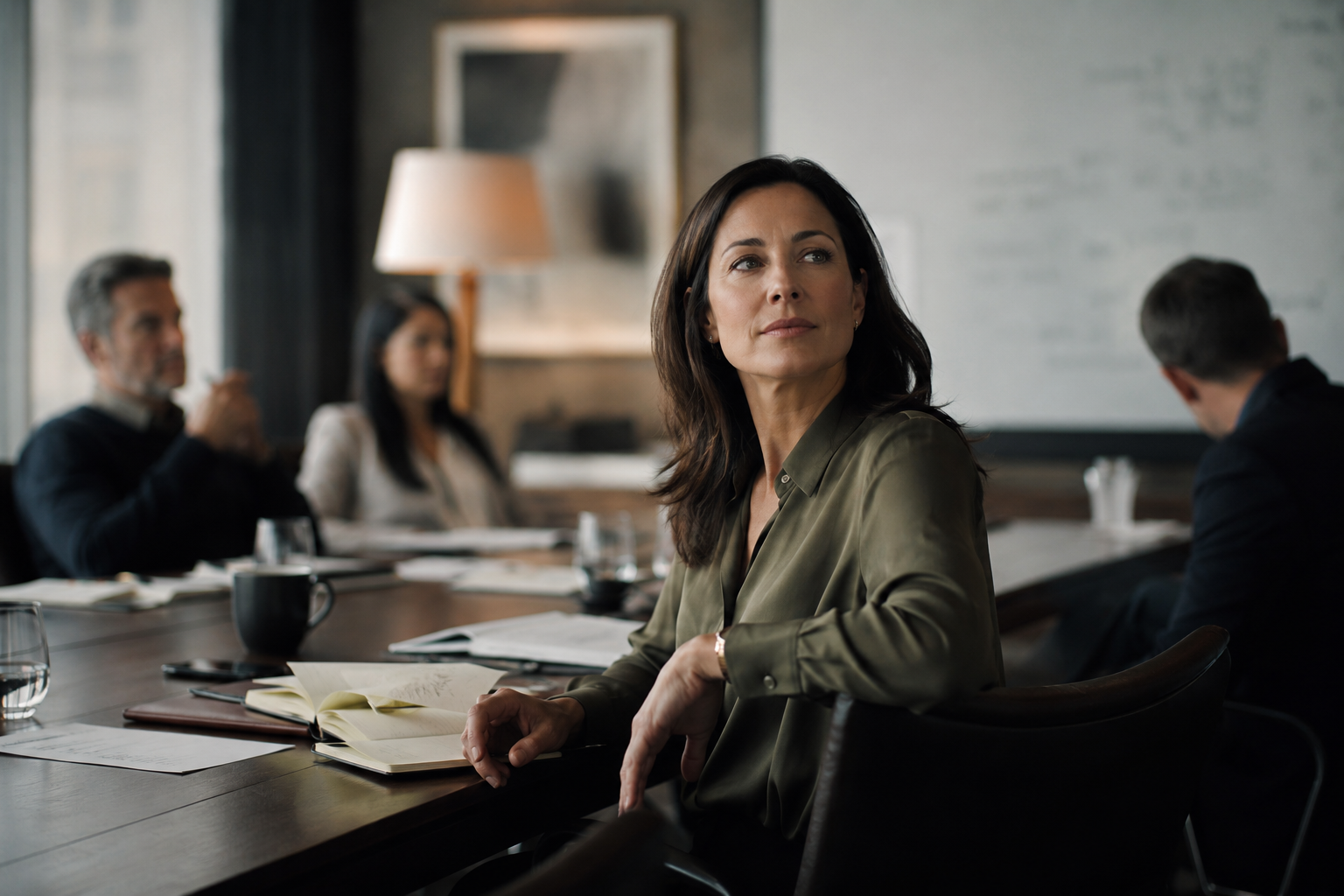 Professional woman seated at the head of a meeting table after a discussion, looking away thoughtfully while colleagues and notebooks remain in the background.