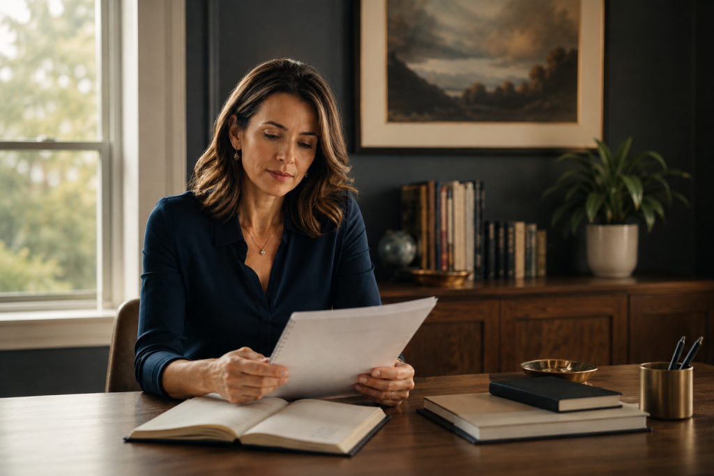 Professional woman reading a printed document at a clean desk in a warmly lit office, conveying calm focus and considered judgement.