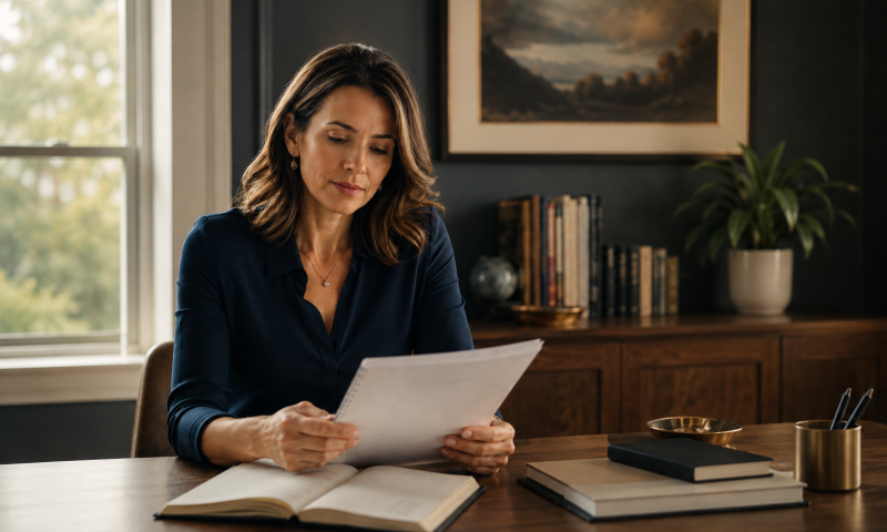 Professional woman reading a printed document at a clean desk in a warmly lit office, conveying calm focus and considered judgement.