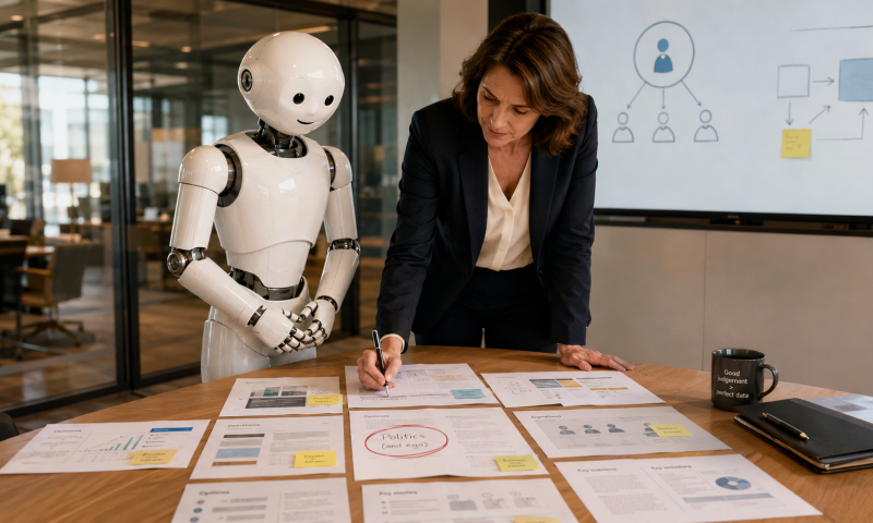 A human executive reviews a printed briefing pack beside Otto, a friendly white humanoid robot, in a glass-walled meeting room. Otto has arranged notes and options with precise care while the executive circles one messy real-world complication.