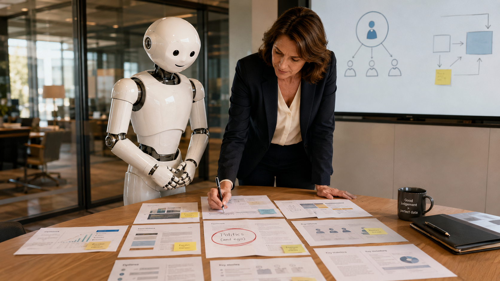 A human executive reviews a printed briefing pack beside Otto, a friendly white humanoid robot, in a glass-walled meeting room. Otto has arranged notes and options with precise care while the executive circles one messy real-world complication.
