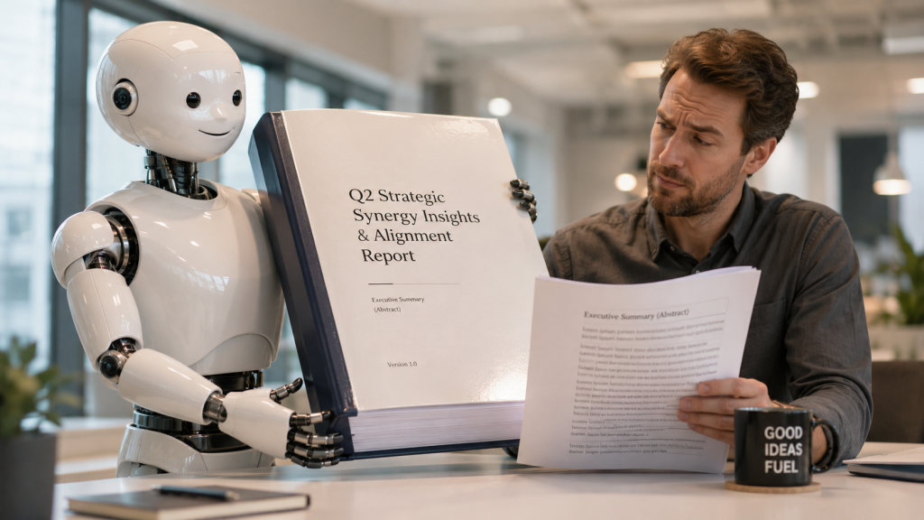 Otto, a glossy white humanoid robot, proudly presents an enormous bound report to a skeptical colleague in a bright modern office.