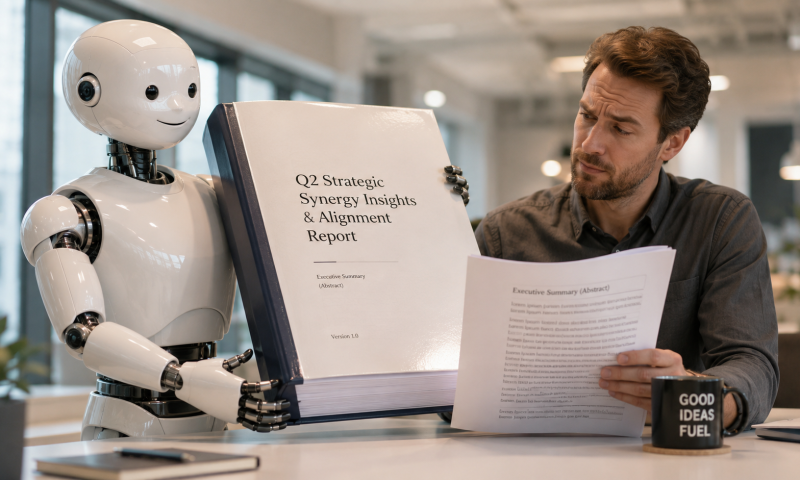 Otto, a glossy white humanoid robot, proudly presents an enormous bound report to a skeptical colleague in a bright modern office.